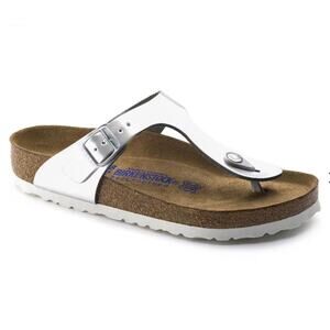 BIRKENSTOCK | Gizeh Soft Footbed Leather Metallic Silver White Sole Sandals | 36